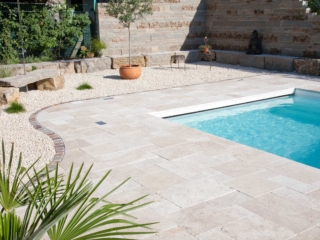 Systemmauer Muschelkalk  Travertin Terrassenplatten